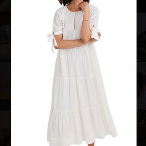 Madewell Tie Sleeve Tiered Midi Dress in Swiss Dot